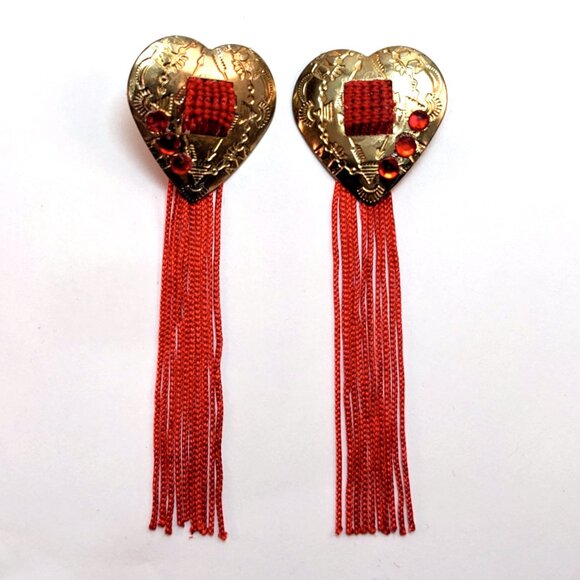 Handmade Western Heart Earrings Red Fringe Rhinestone Gold Country Cowboy Glam - Picture 2 of 4